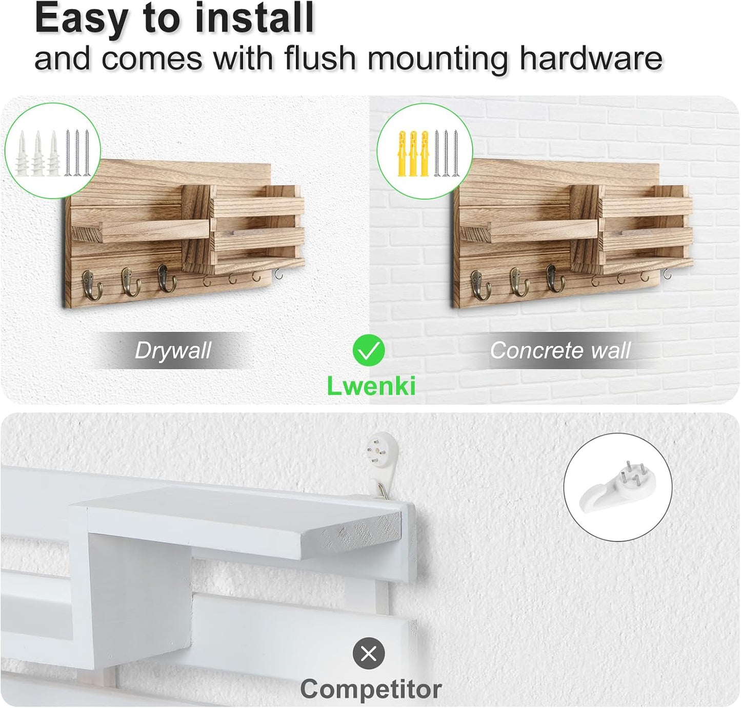 Lwenki Mail Organizer for Wall Mount – Key Holder with Shelf Includes Letter Holder and Hooks for Coats, Dog Leashes – Rustic Wood with Flush Mounting Hardware (16.5” x 8.7” x 3.5”)