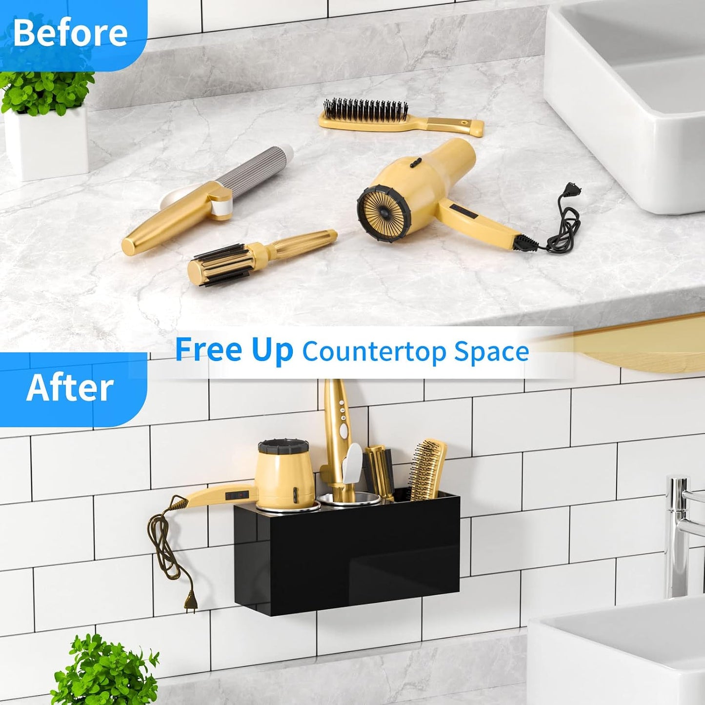 NIUBEE Hair Tool Organizer Wall Mount, Hair Dryer Holder for Bathroom,White | Acrylic Hair Organizer Storage Countertop, Blow Dryer Holder, Hot Tools Organizer for Curling Iron, Brush, 2 Stainless Cups