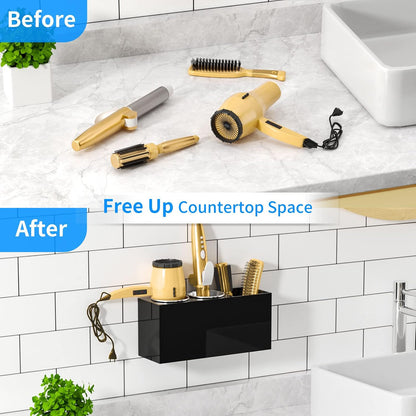 NIUBEE Hair Tool Organizer Wall Mount, Hair Dryer Holder for Bathroom,White | Acrylic Hair Organizer Storage Countertop, Blow Dryer Holder, Hot Tools Organizer for Curling Iron, Brush, 2 Stainless Cups