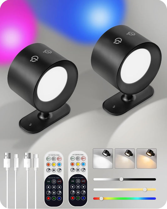 Battery Operated Wall Sconce Set of 2, Rechargeable Wall Lights with Remote Control, 3 Color Temp 3 RGB Dimmable, 360° Rotation Cordless Wall Mount Lamp for Hallway Bedroom, Black B02YBP206