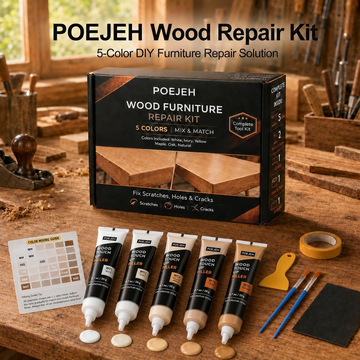 10 Color Wood Repair Kit Blendable Anti-Crack Furniture Restore Set | Full Tool & Color Chart, Strong Adhesion, Repairs Floor Cabinet Wood Surfaces, Practical Housewarming DIY Gift Kit