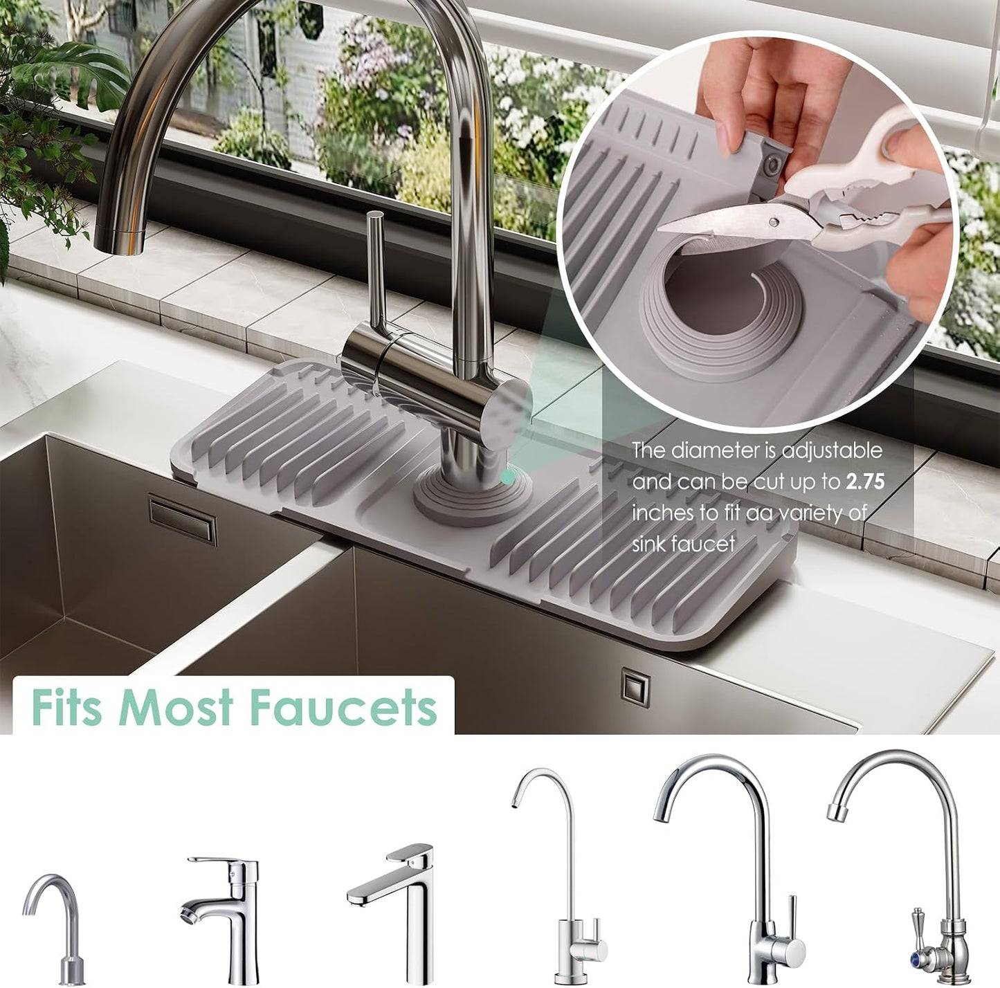 24-Inch Silicone Faucet Mat for Kitchen Sink Splash Guard, 7° Slope | 24"x5.5" water draining mat with fasten button; 1.6-2.75" customizable hole for bathroom, RV & kitchen sink drip catcher.