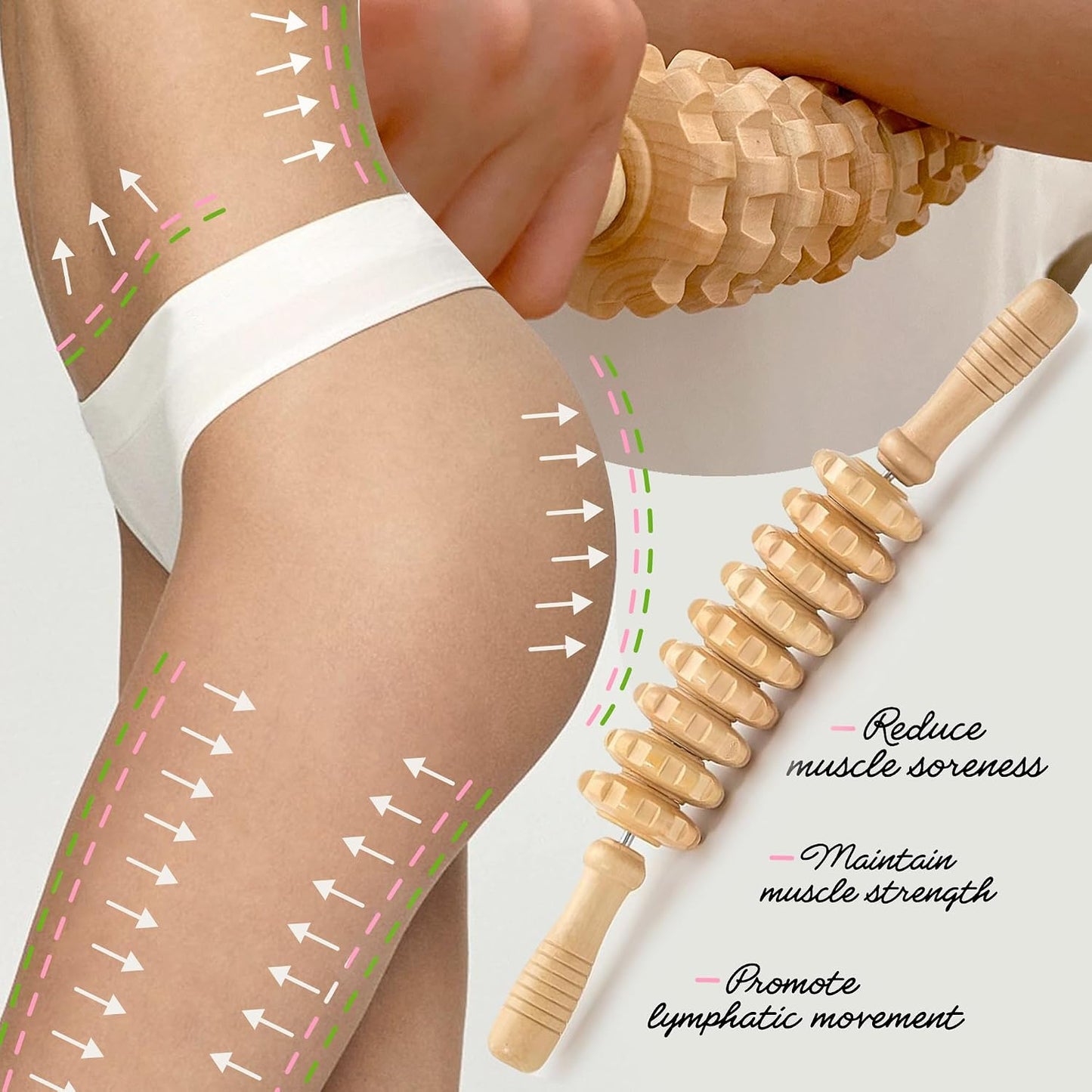 Manual Wood Therapy Massage Stick, Wooden Cellulite Muscle Roller for Legs | Body Sculpting, Lymphatic Drainage Massager, Wooden Massage Tools for Trigger Points Relief, Sore Muscle Recovery