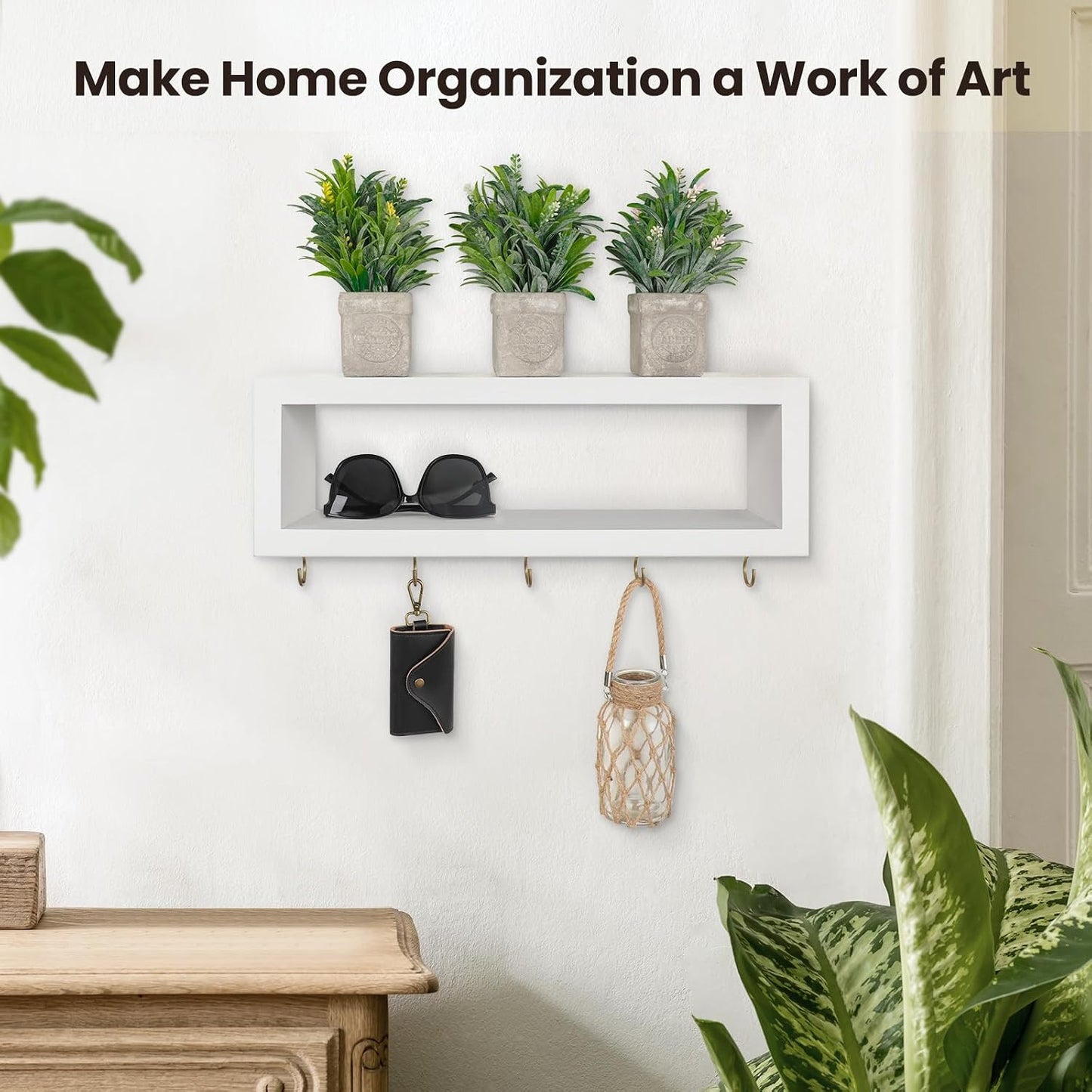 Lwenki Wall Shelf with Hooks - Decorative Key and Wallet Holder for Wall Holds Sunglasses, Leashes, Scarves and Lanyards - 15.7" x 5.1" x 2.9" Entryway Organizer Made of Paulownia Wood (White)