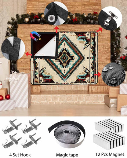 Western Aztec Magnetic Fireplace Cover Decorative Indoor For Brick Fireplace, Rustic Tribal Southwestern Boho Ethnic Insulation Fireplace Blocker Blanket Draft Stop Hot Heat Save Energy, 36"Wx27"H