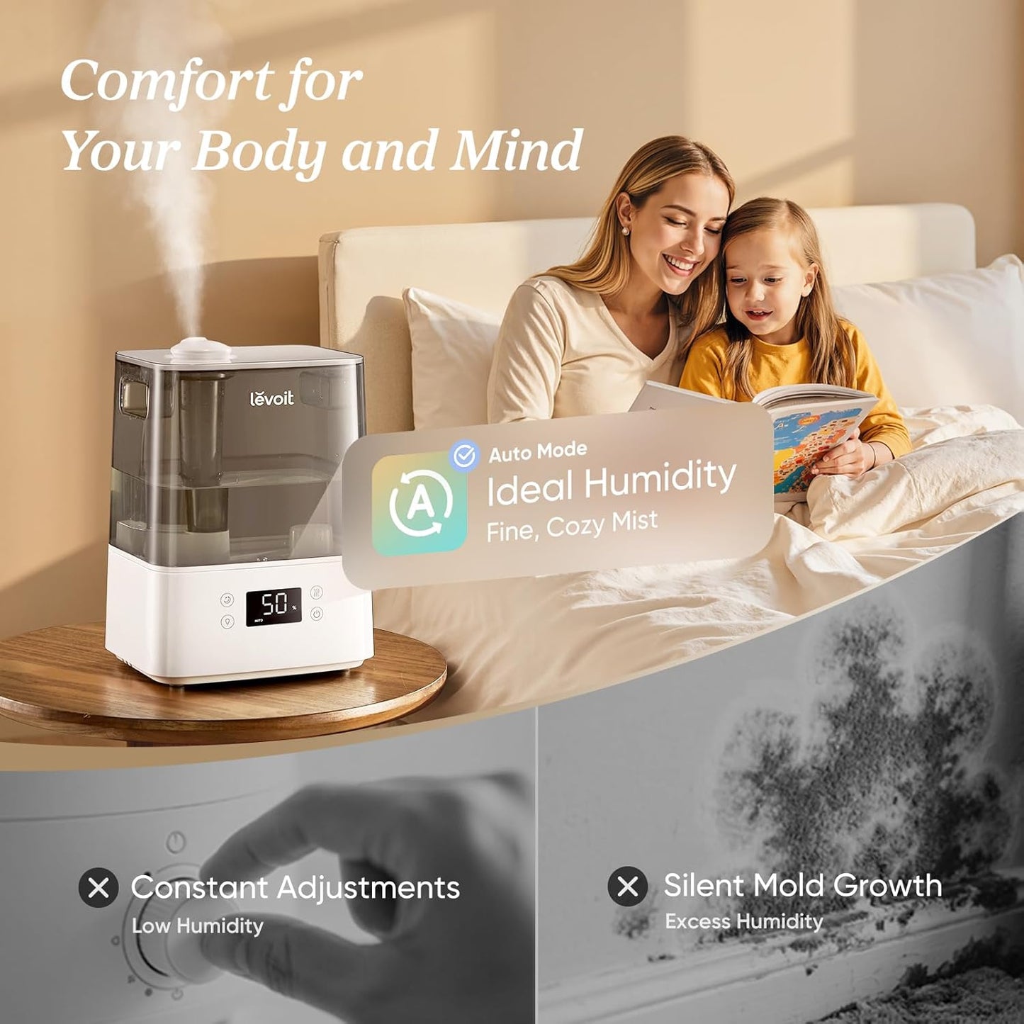 Levoit Humidifiers for Bedroom Large Room, 6L, 60H Runtime, 26dB, Smart App | Top Fill Cool Mist Humidifier for Baby & Plants, Easy to Clean, Essential Oil, Rapid Humidification & Auto Mode, Sleep Mode