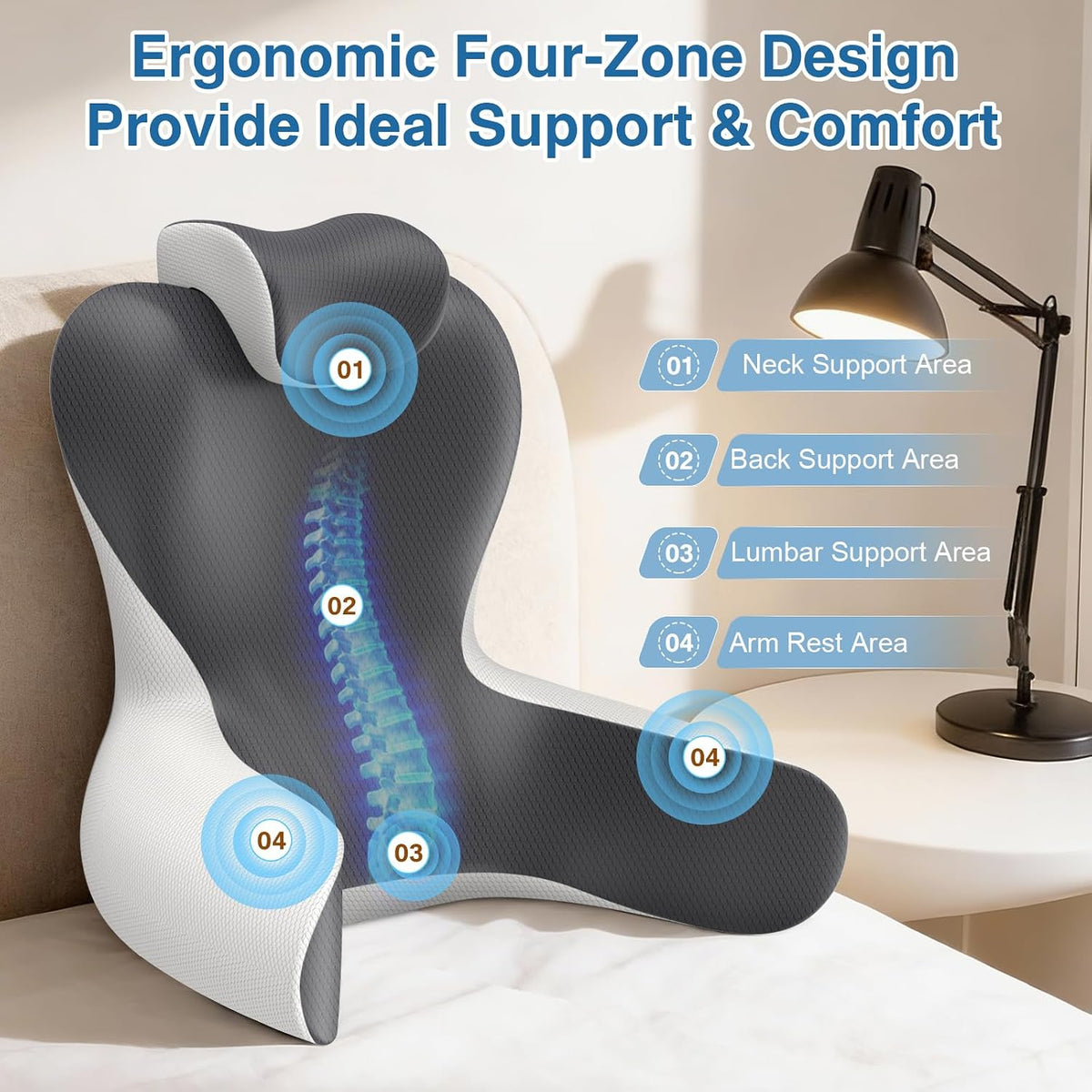 22" XL Reading Pillow Sitting in Bed,Back Support & Armrests(Grey & White)