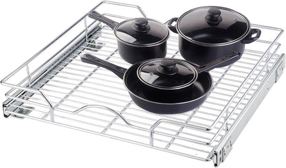 OCG Pull Out Cabinet Organizer 2 Pack (15" W x 21" D), Pull out Shelves 1 Tier, Cabinet Slide Out Shelves for Base Cabinet Organization in Kitchen Bathroom Pantry, Bottom Mount, Chrome Finish
