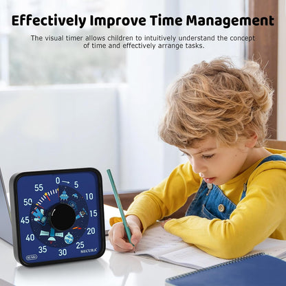Secura 7.5-Inch Rocket Pattern Visual Timer for Kids, 60-Minute Countdown Timer for Classroom or Kitchen, Durable Mechanical Timer Clock with Magnetic Backing (Blue)
