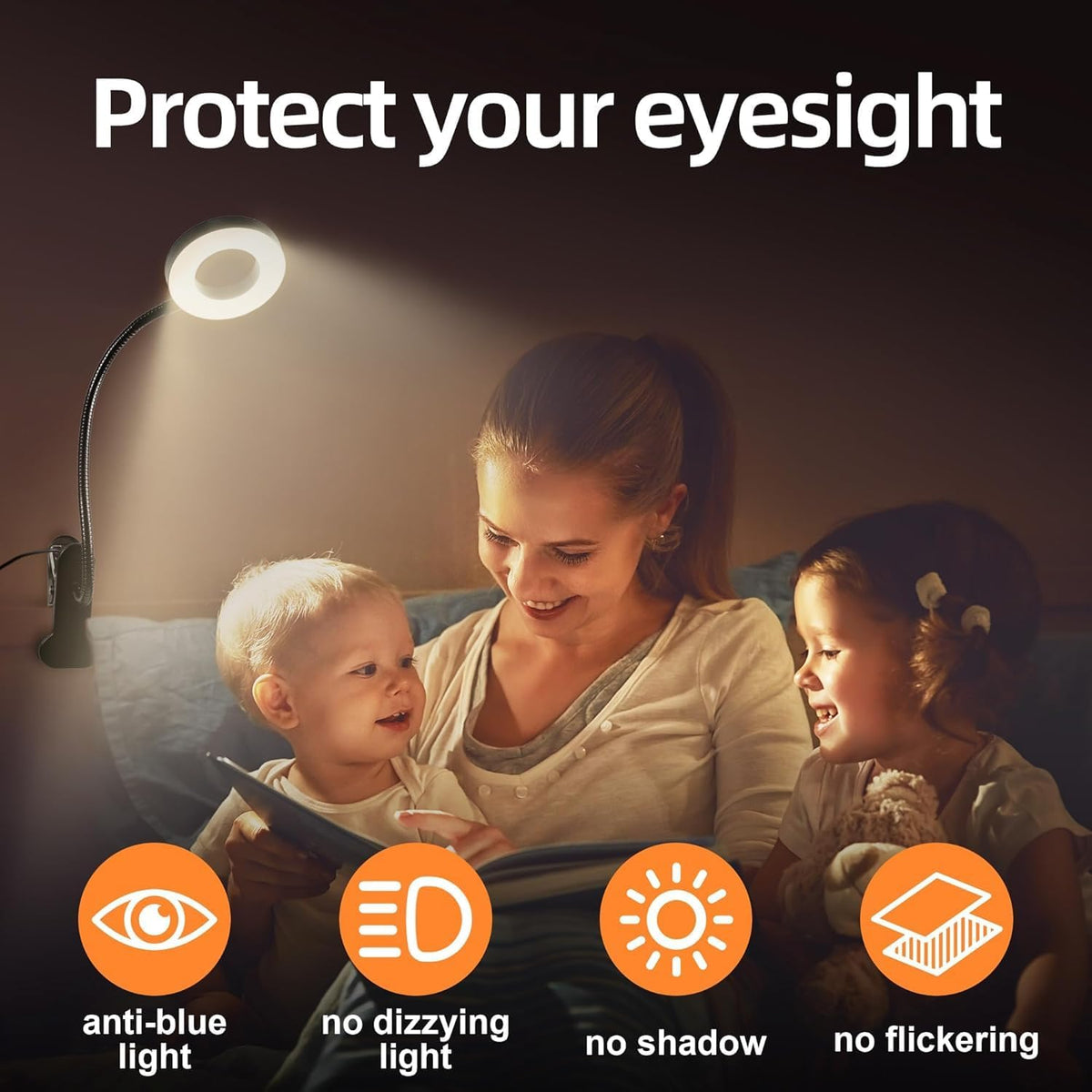 Foneso Desk Lamp Clip on Light, 48 LED USB Lamp with 3 Color Modes 10 Brightness Levels, 360° Flexible Gooseneck Eye Protection Bed Night Light for Reading, Makeup, Craft (Black)