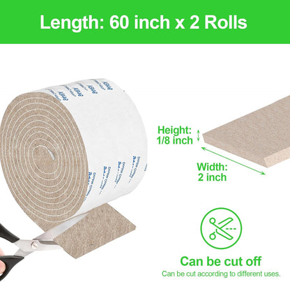 Felt Strips with Adhesive Backing, Felt Tape with Adhesive Backing, Felt Furniture Strips 2 Pack Roll 1/2x 60 Inches Black, Felt Strips for Furniture