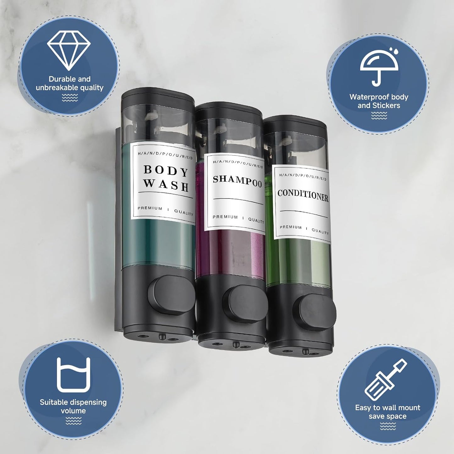 Cabo Deseado Shower Soap Dispenser Wall Mounted No Drill Shampoo Dispenser for Shower Wall Shampoo and Conditioner Dispenser Bathroom Hotel 3 * 350ml Gungray with Labels