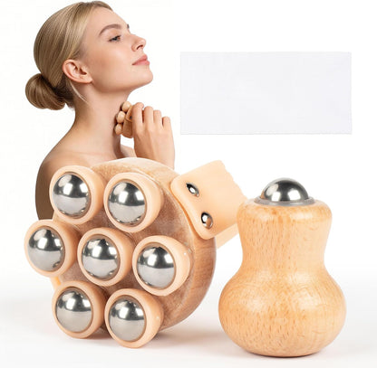 Wooden Handheld Massager, 2-Pack Multi-Roller for Body Contouring