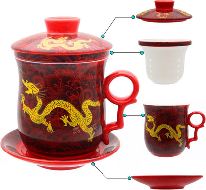 Porcelain Tea Cup with Infuser Lid and Saucer Sets - Chinese Jingdezhen Ceramics Coffee Mug Teacup Loose Leaf Tea Brewing System for Home Office