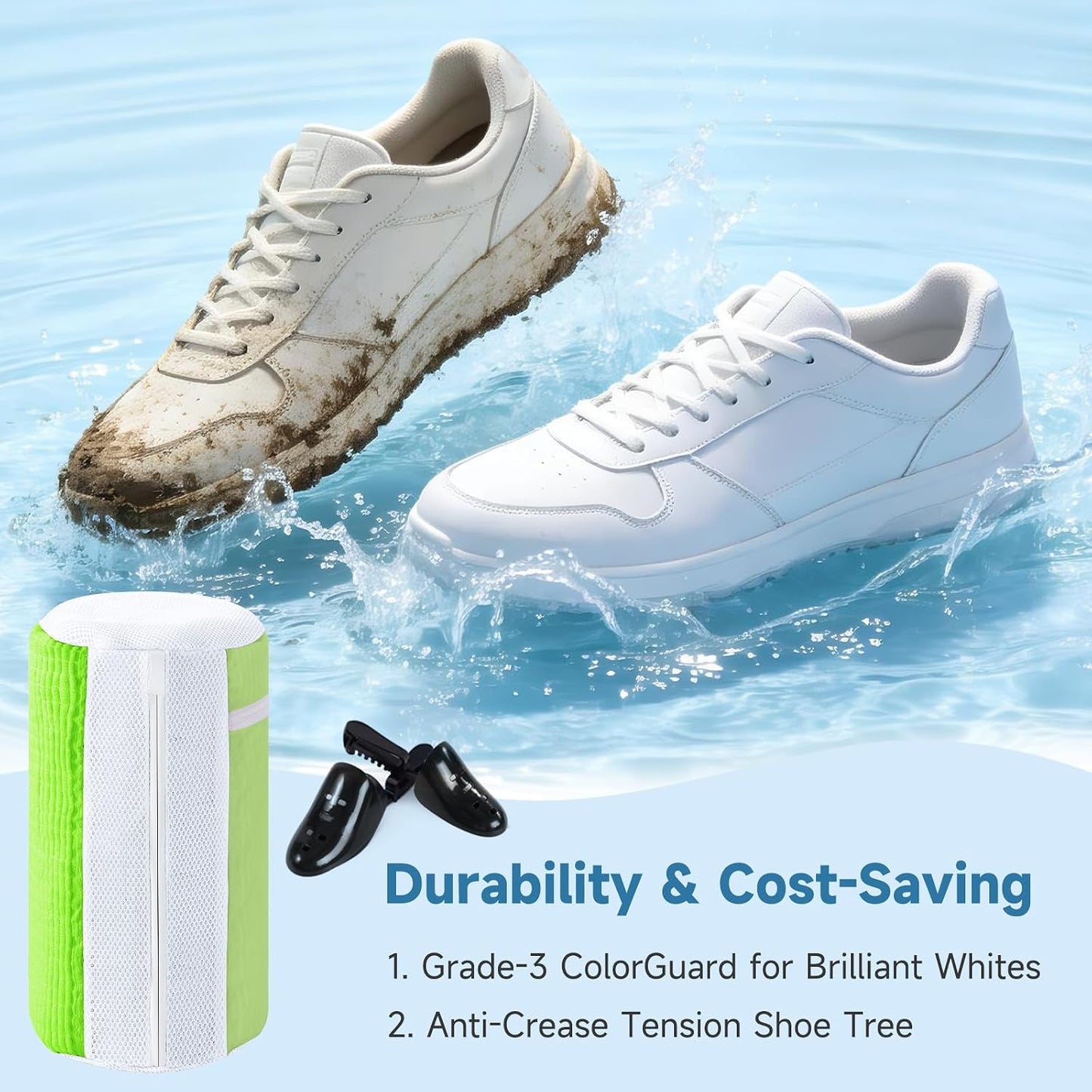 2PCS XXL Shoe Washing Machine Bag with Adjustable Shoes Trees - Heavy Duty Reusable Shoe Laundry Bag for Washer and Dryer - 360° Deep Clean & Protect Chenille Microfiber Sneakers Wash Bags - White