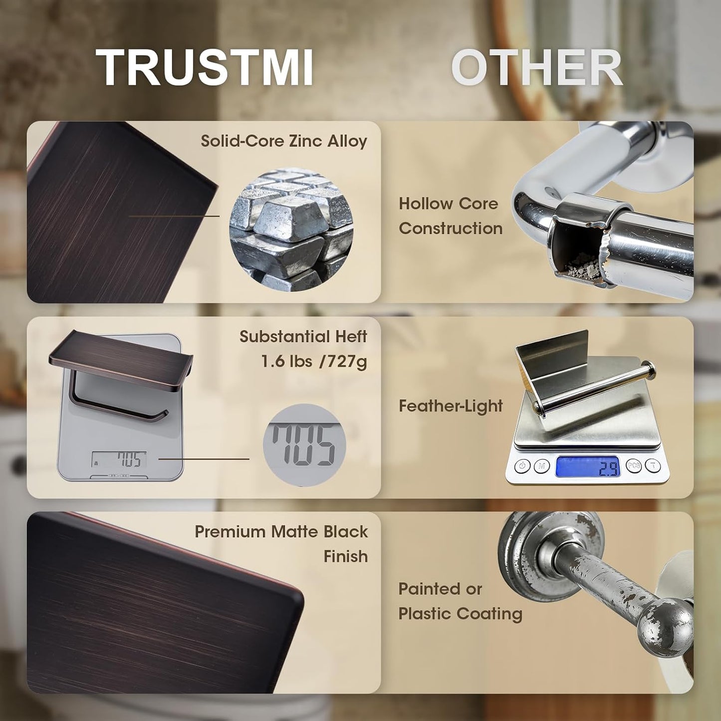 TRUSTMI Toilet Paper Holder with Phone Shelf, Zinc Alloy, Brushed Gold | Solid zinc alloy holder holds 15 lbs and fits jumbo rolls. Shelf stores phones and wipes for easy bathroom organization