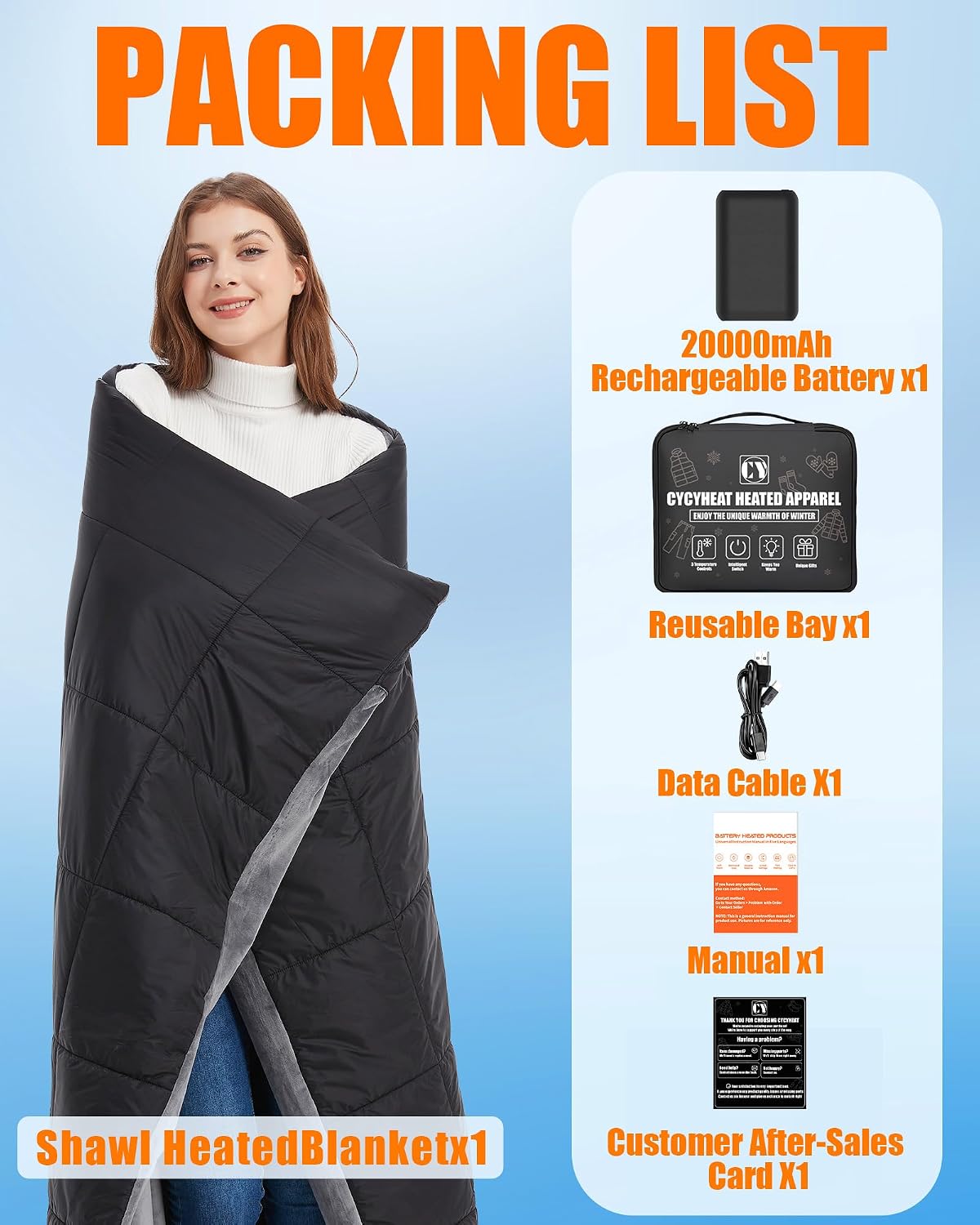 20000mAh Large Heated Blanket Battery Powered, 7.4V Battery Portable Cordless Throw Electric Rechargeable Heating Blankets (Black+20000mAh Battery, 63x55in Adult Size)