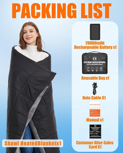 20000mAh Large Heated Blanket Battery Powered, 7.4V Battery Portable Cordless Throw Electric Rechargeable Heating Blankets (Black+20000mAh Battery, 63x55in Adult Size)