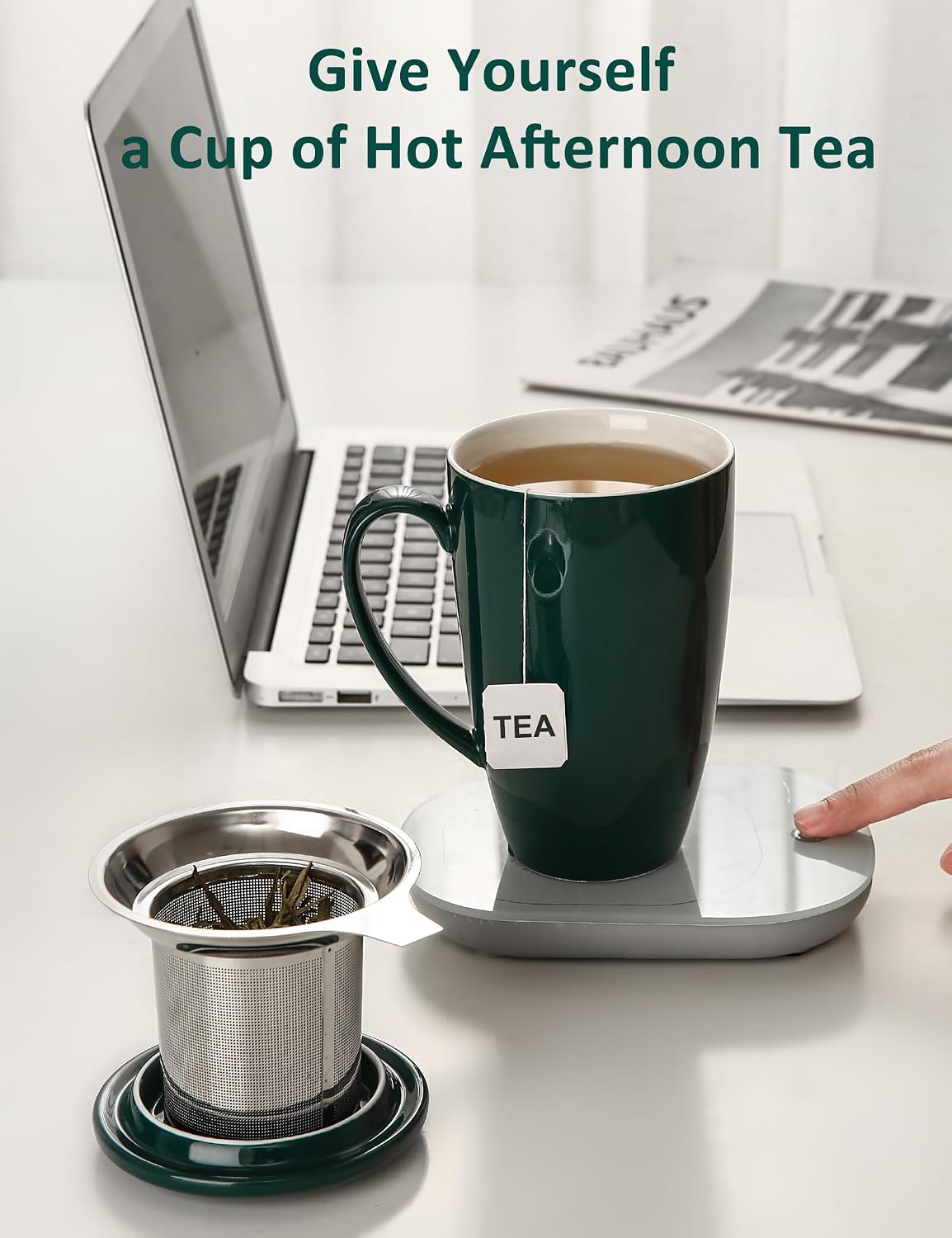 SISETOP 17 OZ Large Tea Cup with Infuser and Lid, Ceramic Tea Infuser Cup with Spoon for Loose Leaf, Microwave & Dishwasher Safe, Green