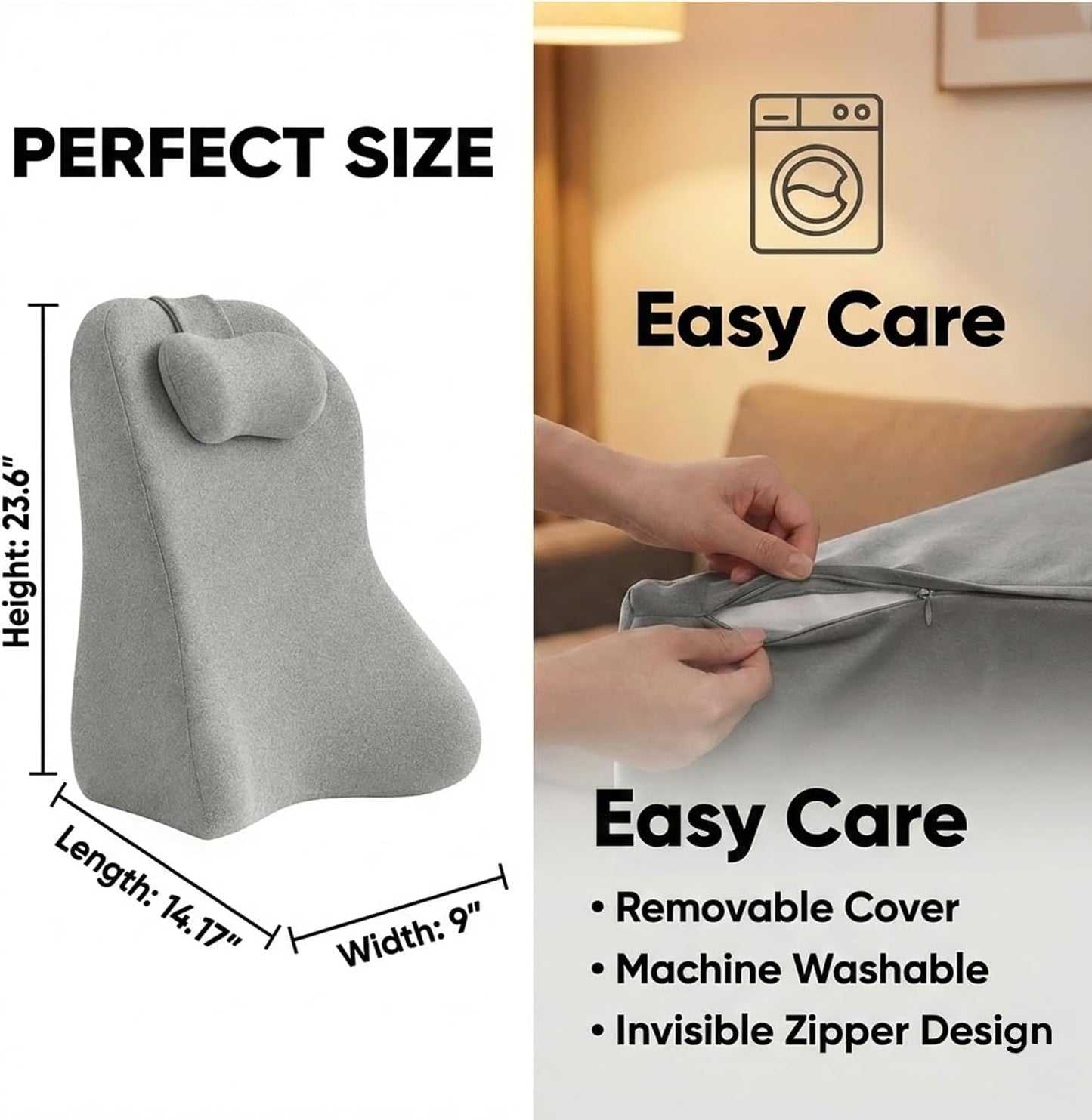 Back Wedge Pillow for Sofa, Lumbar Support Reading Pillow for Bed, Back Support Cushion for Sitting Up, Angled Design for Relaxing, Bedtime and Night Comfort (Light Gray)