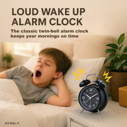 AYRELY® Super Loud Alarm Clock for Heavy Sleepers, 4.5 Inch Twin Bell Retro | Silent Non-Ticking Quartz with Backlight, Luminous Dial, Metal Alarm Clocks for Bedrooms and Bedside