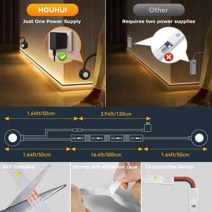 Dual Motion Sensor Light Strip Indoor Under Bed Lights Warm White 16.4Ft | Motion Activated LED Strip Lights, Auto On/Off, Two-End Motion Sensors Night Lighting 12V For Bedside Stair Cabinet Hallway