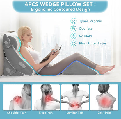 Kingfun 4PCS Orthopedic Bed Wedge Pillow Set for Sleeping, Post Surgery Memory Foam Support Pillows for Back, Neck and Leg Pain Relief, Adjustable Triangle Pillow - Acid Reflux, Anti Snoring & GERD