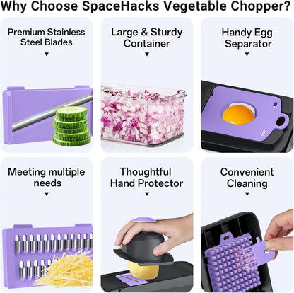 12-in-1 Vegetable Chopper with 7 Blades, Food Veggie Cutter, Green | Includes Egg Separator, Food Container and Finger Guard, Non-slip Base, for Chopping, Slicing, Shredding, and Mincing