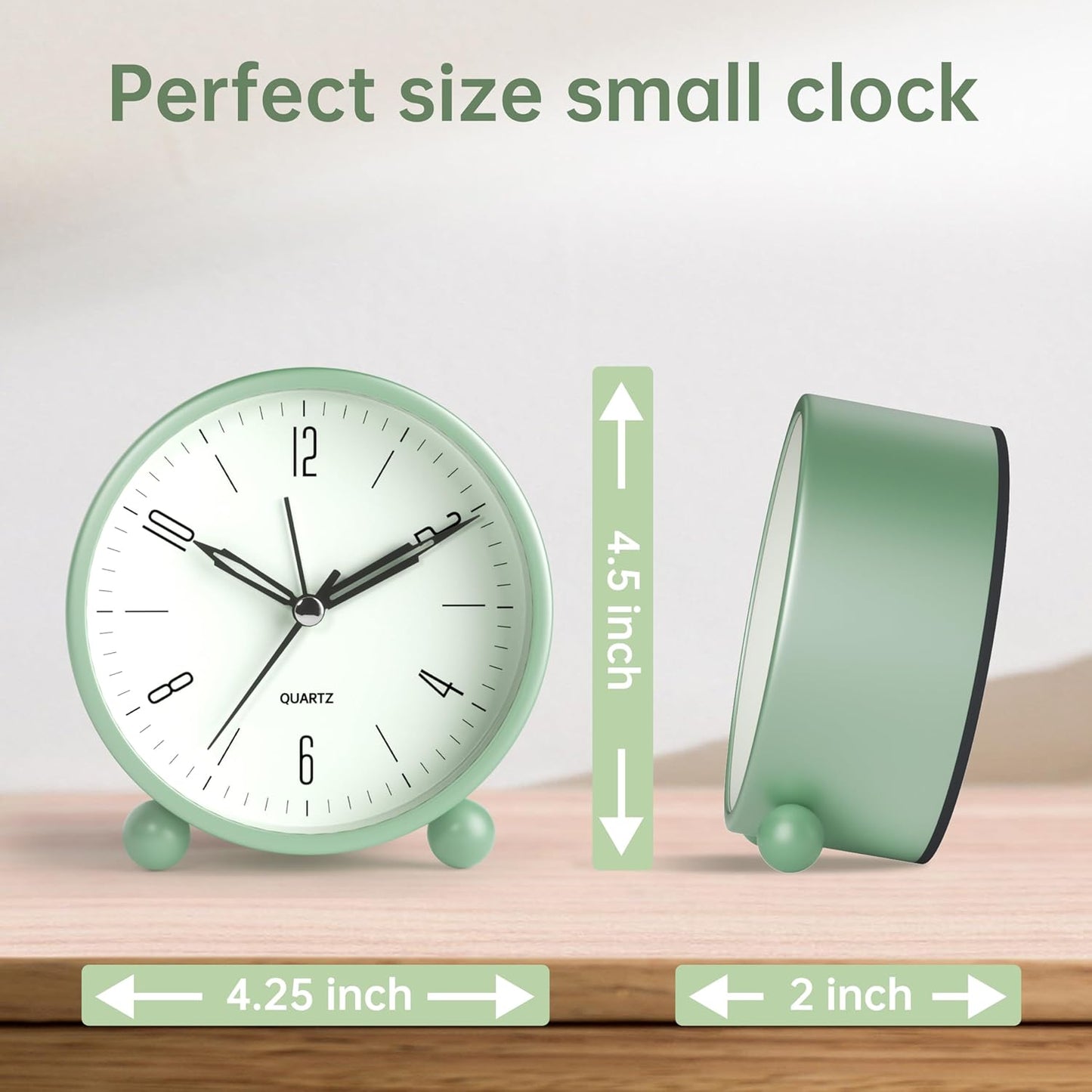 JALL Analog Alarm Clock, 4 inch Super Silent Non Ticking Small Clock with Night Light, Battery Operated, Simple Design, Old Fashioned Style Ideal Decor, for Bedroom, Bedside, Desk, Adult, Gift, Green