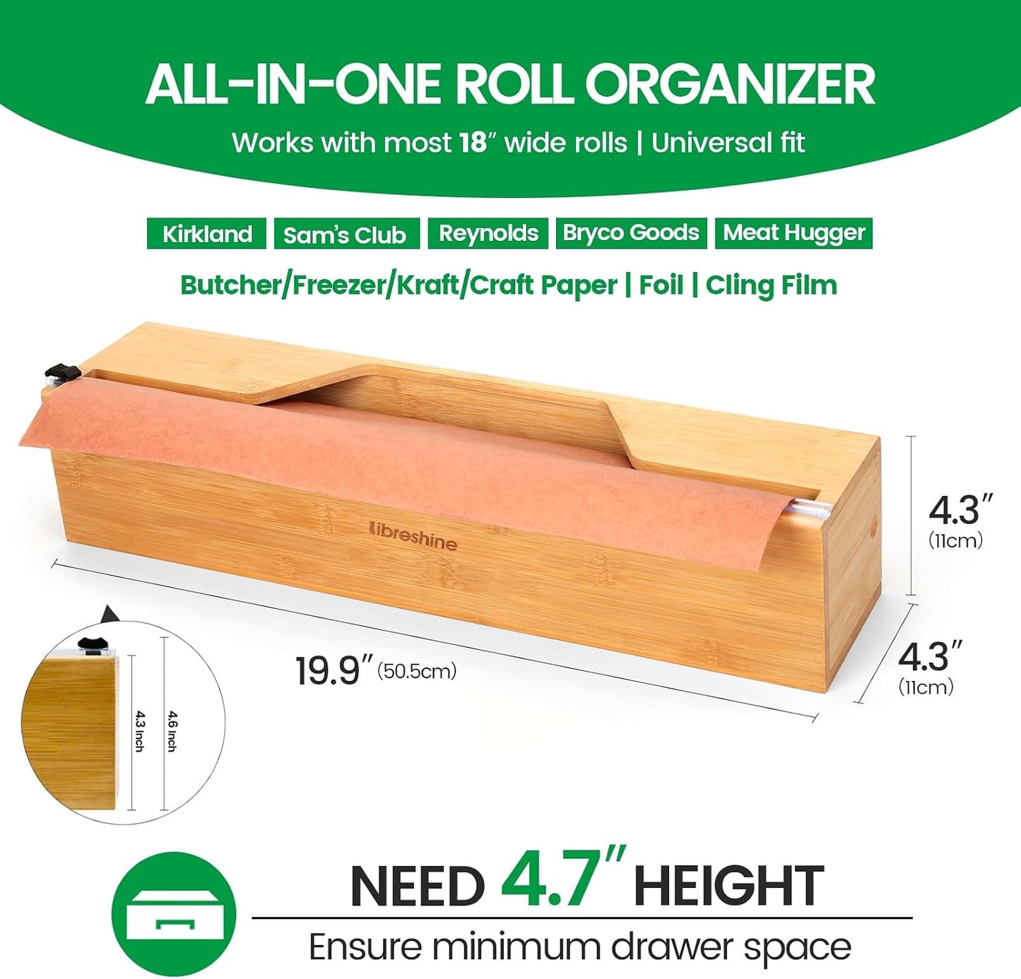 18-Inch Foil Dispenser with Slide Cutter & Butcher Paper Holder | Compact bamboo organizer for countertop, drawer, cabinet or wall mounting, made for many common 18-inch foil and paper rolls