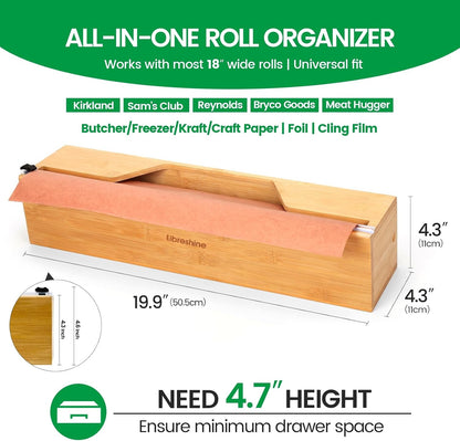 18-Inch Foil Dispenser with Slide Cutter & Butcher Paper Holder | Compact bamboo organizer for countertop, drawer, cabinet or wall mounting, made for many common 18-inch foil and paper rolls