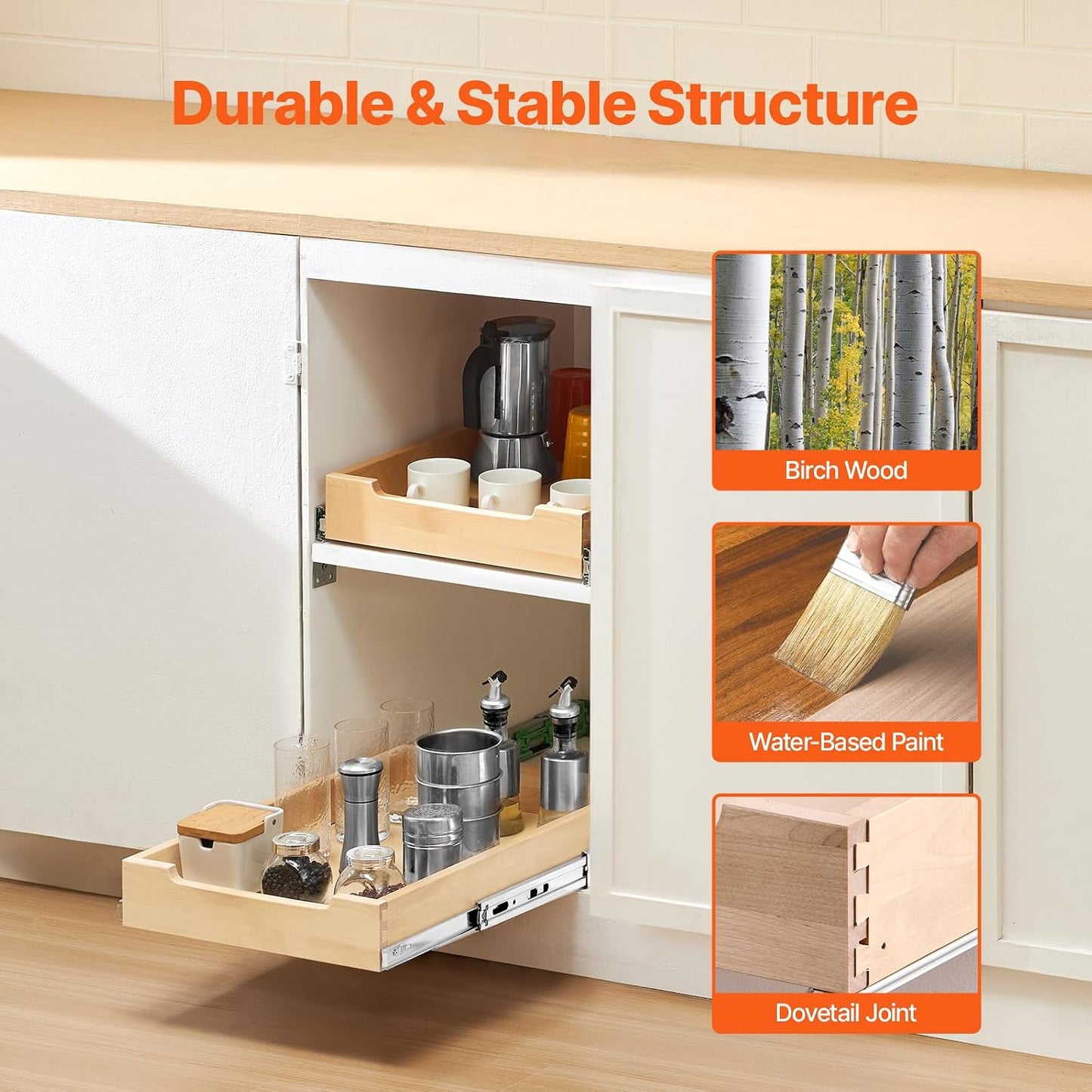 VEVOR Pull Out Cabinet Organizer, 14"W x 21"D Cabinet Drawer, Soft Close Slide out Shelf, Heavy-Duty Sliding Wood Drawer, Bottom Mount Size（14.5"W x 23"D）and Side Mount Size（15"W x 23"D） | Heavy-Duty Sliding Shelf with Bottom or Side Mounting for