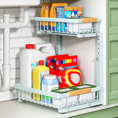 Kitstorack Under Sink Organizer, 2 Tier Under the Sink Storage, Slide out Pull out Cabinet Organizer Shelf, Metal Sliding Drawer for Kitchen Bathroom Pantry Closet Organization Rack, Black, 2 Pack