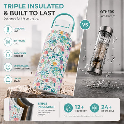 22 oz Ceramic Lined Tea Infuser Travel Tumbler, Micro-Mesh Stainless Steel Infuser, Pure Taste Ceramic Interior, Triple Insulated 12hr Hot Cold, Dual Sip & Straw Lid, Scratch-Resistant