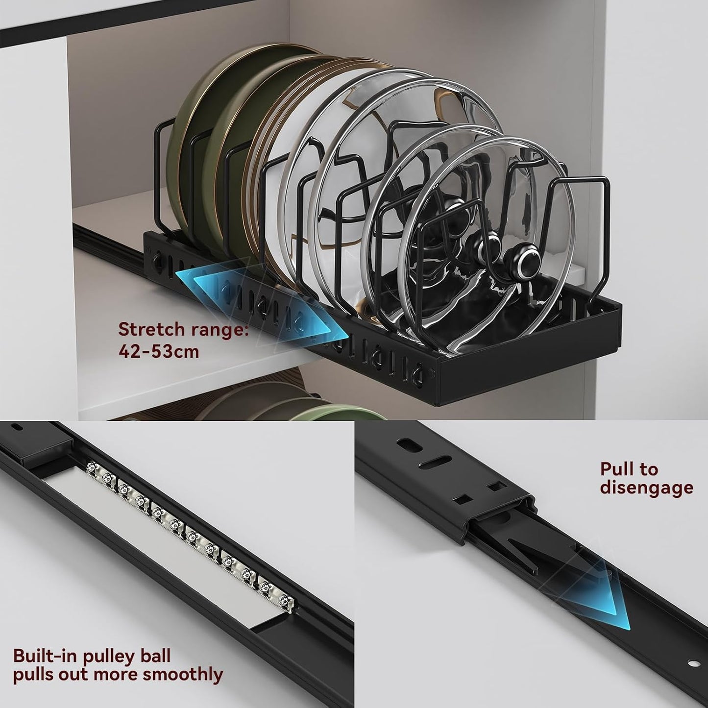 Black 2 Pack Pot Lid Organizer, Pull Out Cabinet Rack, 16 Dividers | 2-pack black carbon steel rack, 16 adjustable dividers, quiet slide rails, adhesive or screw mount for lids, pans, bakeware