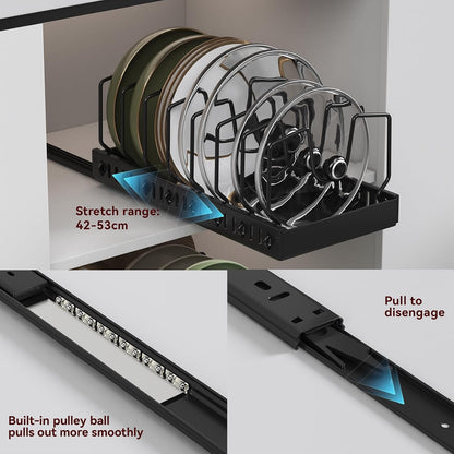 Black 2 Pack Pot Lid Organizer, Pull Out Cabinet Rack, 16 Dividers | 2-pack black carbon steel rack, 16 adjustable dividers, quiet slide rails, adhesive or screw mount for lids, pans, bakeware