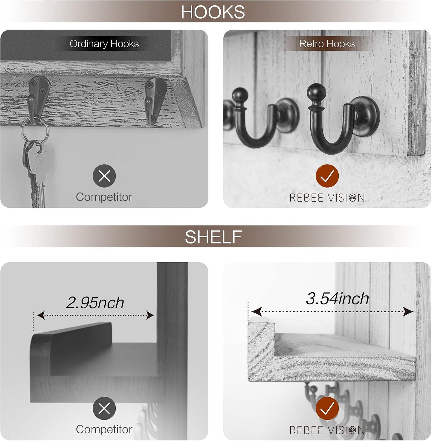 Rebee Vision Key Holder Wall Mount with 5 Key Hooks for Home Decor, Brown | 3.54'' x 10'' x 7.28'', Small Shelf for Display Plant, Key Hangers for Hat, Entryway Space-Saving Storage