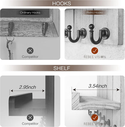 Rebee Vision Key Holder Wall Mount with 5 Key Hooks for Home Decor, Brown | 3.54'' x 10'' x 7.28'', Small Shelf for Display Plant, Key Hangers for Hat, Entryway Space-Saving Storage