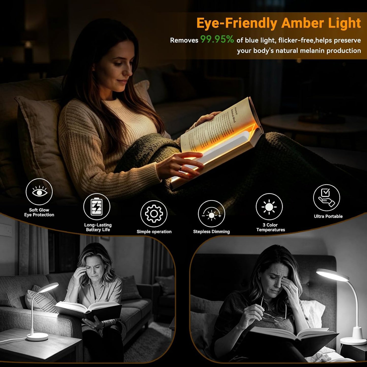 Amber Book Light, Rechargeable Clear LED Flat Reading Light with 3 Colors & Timer, Dimmable Panel Plate Lamp Book Full Page Light for Reading in Bed at Night, Funny Gifts for Readers Book Lovers
