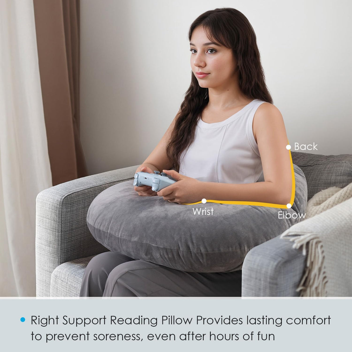 QUEEN ROSE Reading Pillow, Gaming Pillow for Lap, Sitting in Bed or Sofa, Extra Arm Rest for Reading, Playing or Crocheting, Soft Velvet Grey