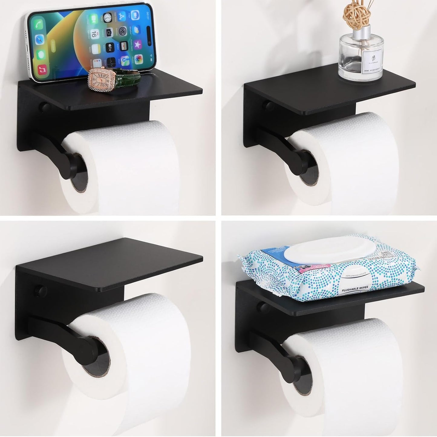 Toilet Paper Holder with Shelf, Adhesive or Screw Wall Mount Toilet Roll Holder for Bathroom, Rustproof Solid Aluminum Commercial Toilet Tissue Holder with Storage, Brushed Nickel