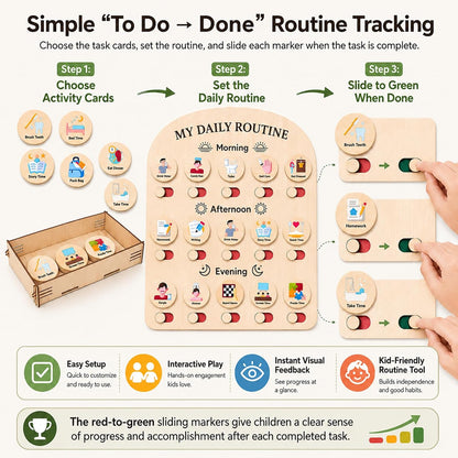 My Daily Routine Chart for Kids with Sliding Checklist – Wooden Visual Schedule Board for 3-5 Years Toddlers, Morning Afternoon Bedtime Activity Chore Chart for Independence Self Discipline