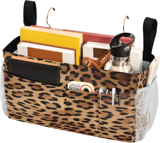Leopard Print Bedside Caddy, Bedside Storage Organizer for Home, College, Bunk and Hospital Beds, Crib Bed Rails