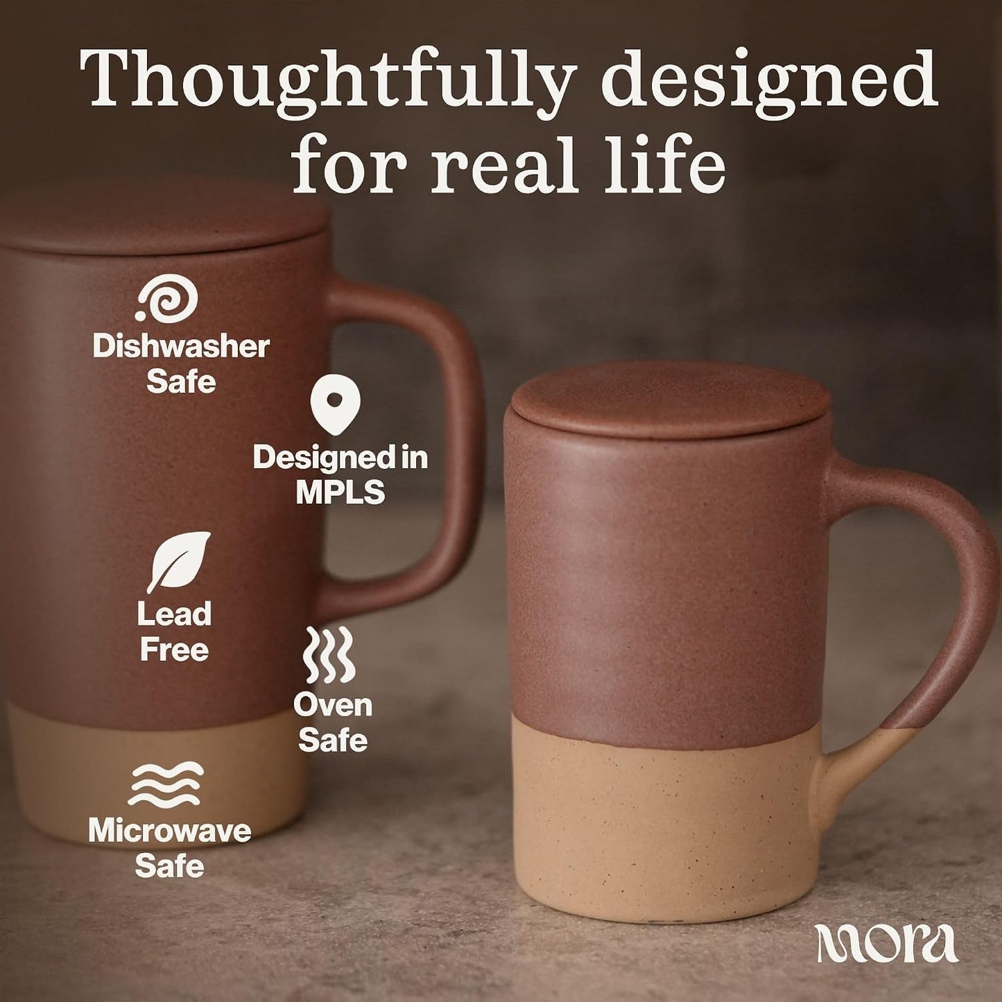 Mora Ceramics Tea Cup with Loose Leaf Infuser, Spoon and Lid, 12 oz, Microwave and Dishwasher Safe Coffee Mug - Rustic Matte Ceramic Glaze, Modern Herbal Tea Strainer - Great Gift for Women, Garnet