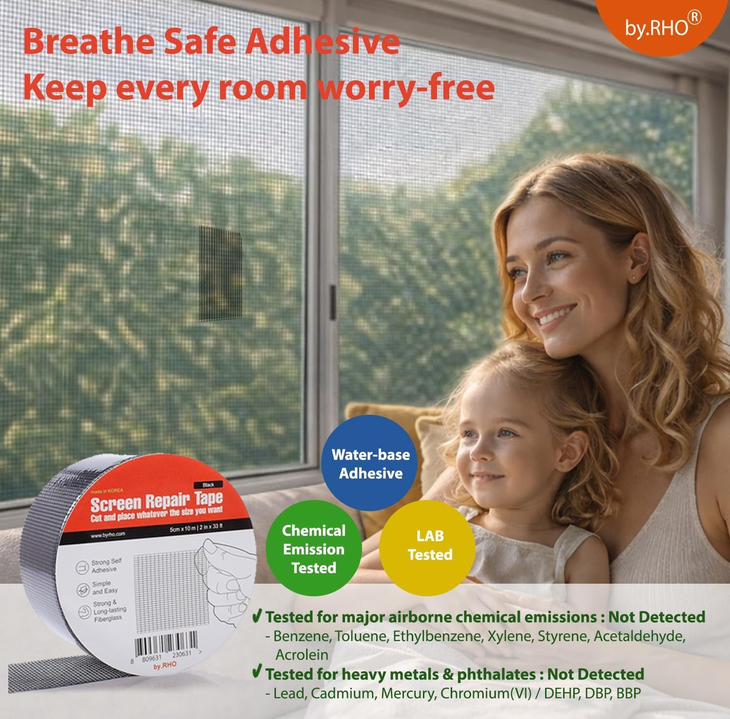 by.RHO Screen Repair Tape – Strong Self-Adhesive Window & Screen Door Repair Kit, Fiberglass Screen Patch 2"×33ft, Easy Cut and Apply, Indoor-Safe Adhesive, All-Weather (Black)