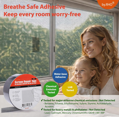 by.RHO Screen Repair Tape – Strong Self-Adhesive Window & Screen Door Repair Kit, Fiberglass Screen Patch 2"×33ft, Easy Cut and Apply, Indoor-Safe Adhesive, All-Weather (Black)