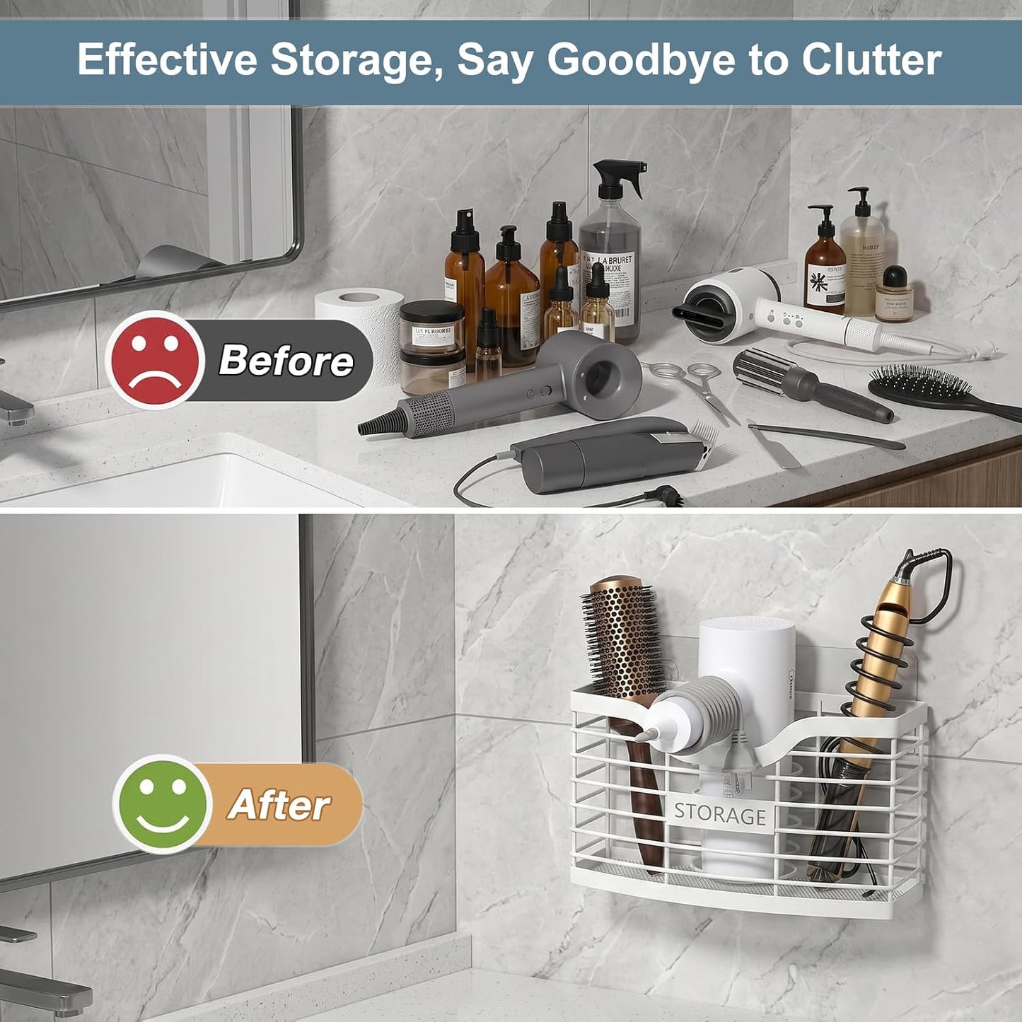 Hair Tool Organizer, Hair Dryer Holder for Bathroom Vanity Counter Cabinet | Dresser Blow Dryer Holder, No Drilling Wall Mount Storage Basket for Blow Dryers, Shaver, Comb, Curling Iron, Straightener