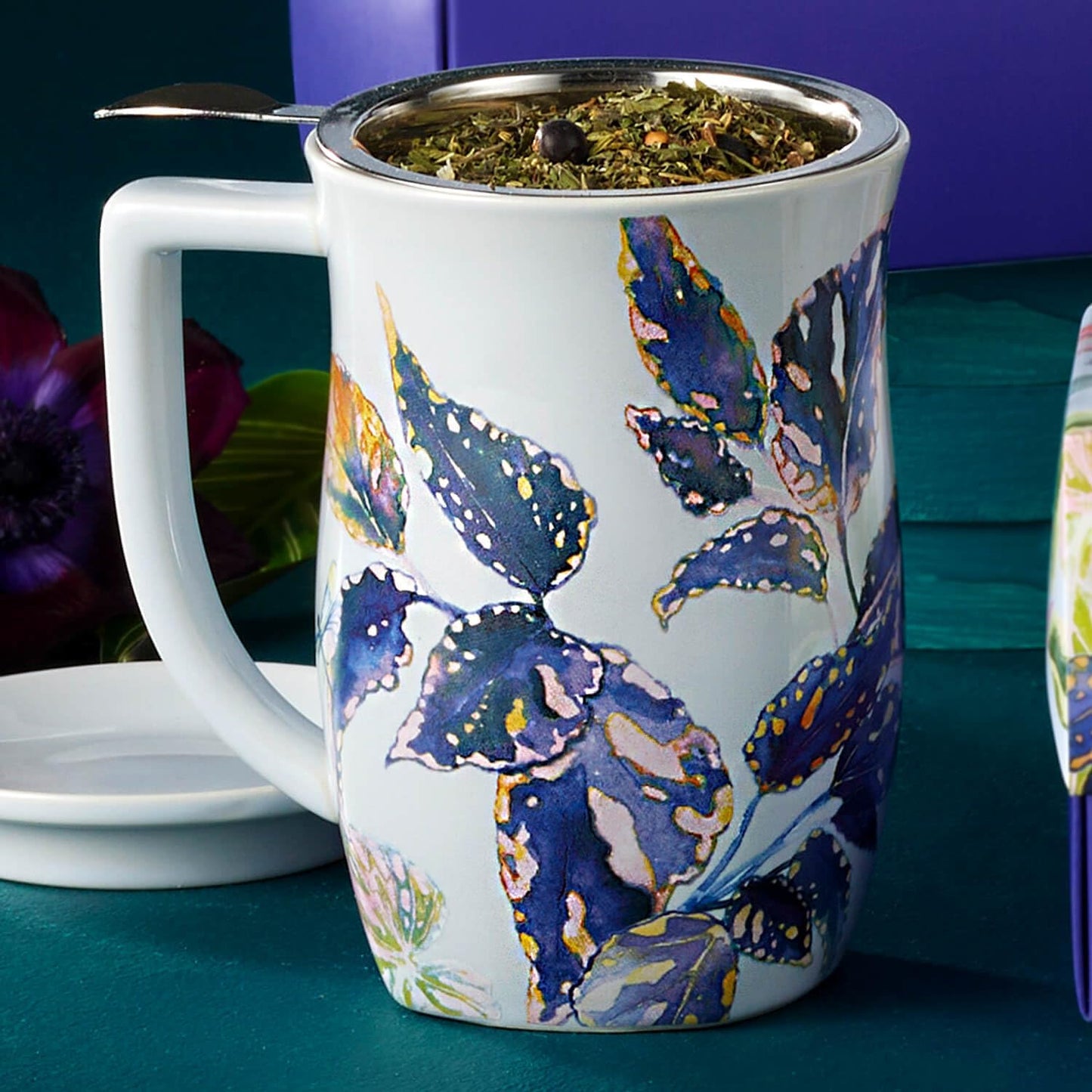 Tea Forte Ceramic Fiore Tea Cup with Infuser, Blue Agave, 14 oz | Insulated Ceramic - Stainless Steel Loose Leaf Infuser - Keeps Tea Hot Longer - Lid Included - Microwave & Dishwasher Safe