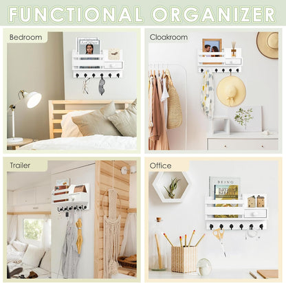 VIS'V Key Holder Wall Mount, Wooden Mail and Key Organizer, White | Contains Little Drawer, Small Shelf, 2 Slots, 6 Hooks, for Entryway, Hallway, Doorway, Kitchen, Garage, RV