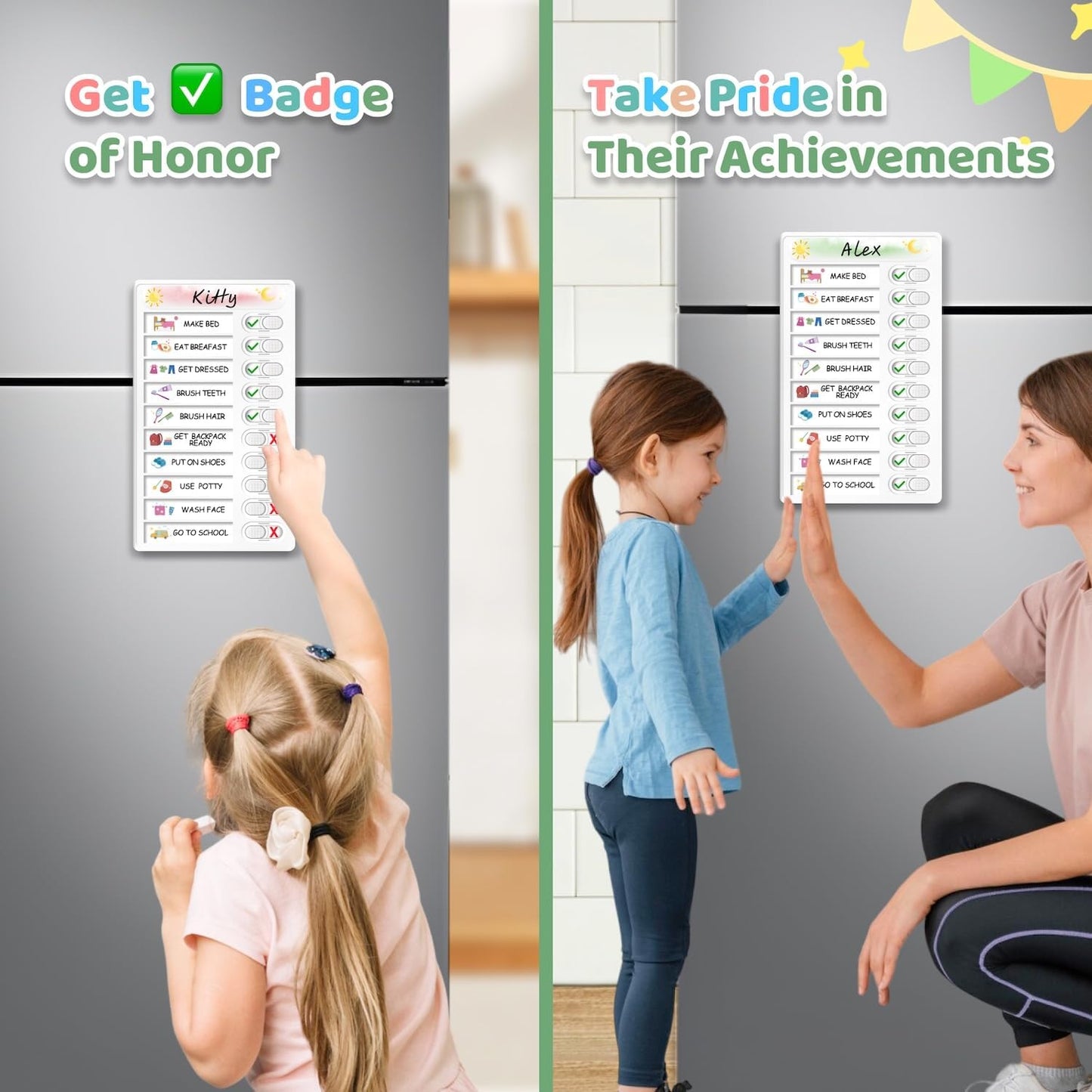 Upgraded Slider Dry Erase Chore Chart for Kids, Whiteboard Magnetic Chore Chart for 2 Kids, Reusable Morning/Bedtime Routine Chart for Kid Toddlers Teens Adult, Visual Schedule for Kid with Autism